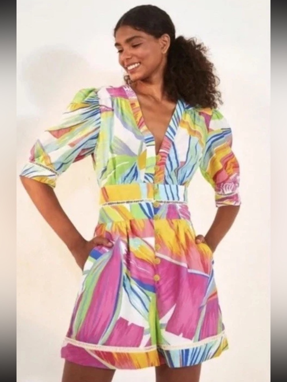 FARM Rio Rainbow Leafs Multi-Color, Beaded Button Romper - Picture 8 of 8